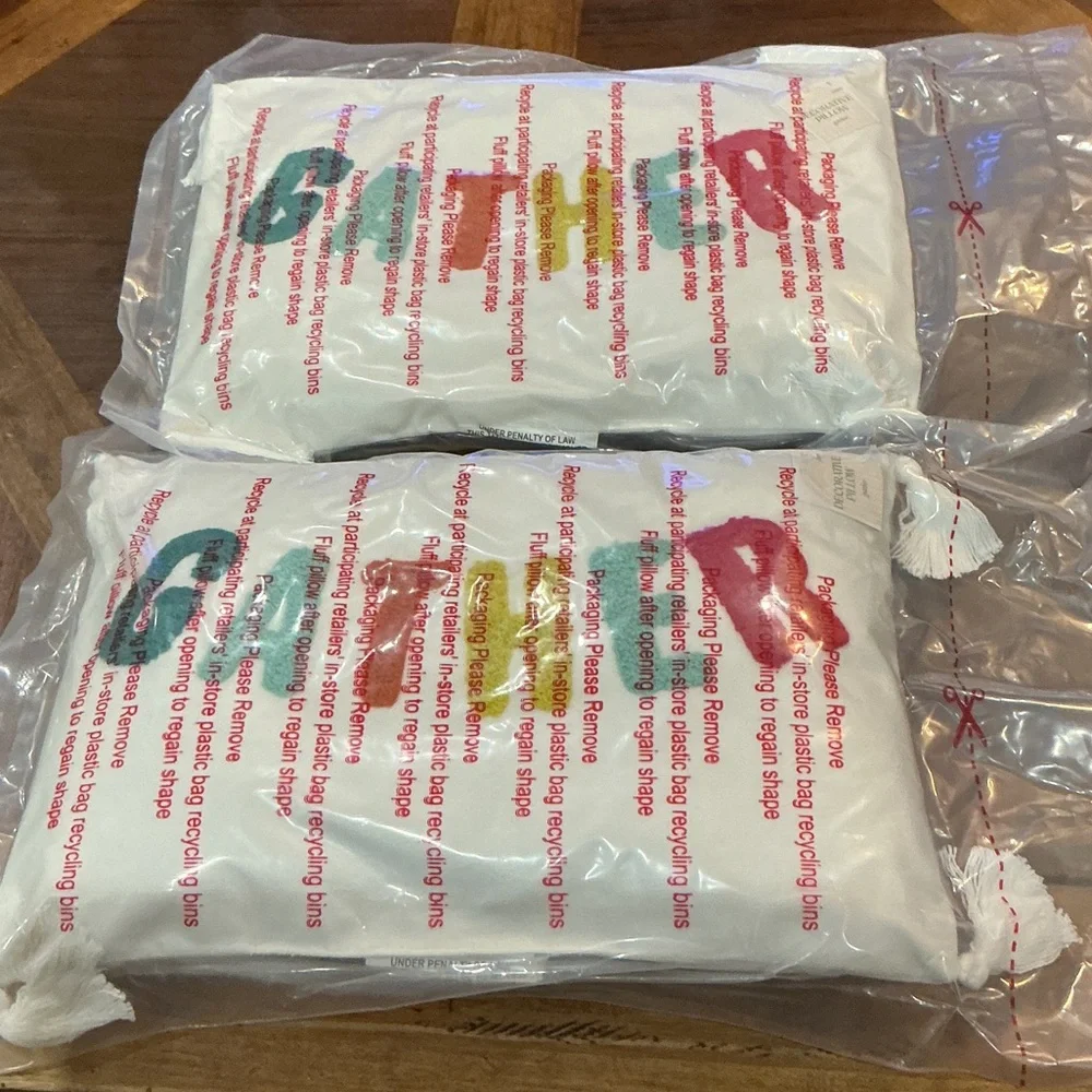 Two (2) Colorful “Gather” Print Pillows with tassels